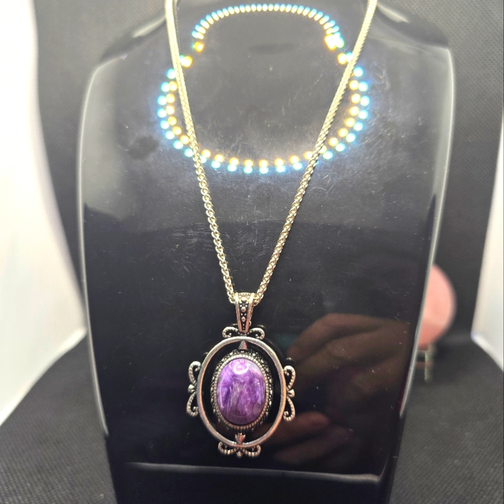 Elegant Silver and Charoite Pendant Necklace (natural Stone)